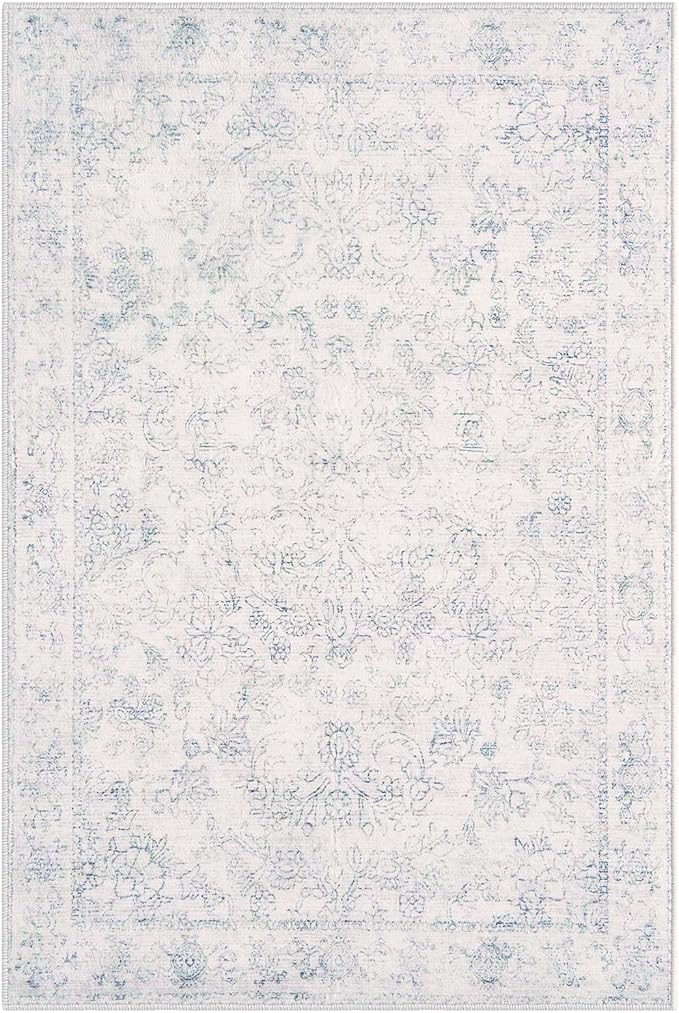 jinchan 2x3 Washable Rugs for Entryway - Kitchen Mats Vintage Floral Ultra-Thin Low Pile Soft Throw Small Non-Slip Distressed Doormat Accent Rug for Entrance Bathroom Bedroom (2'x3', Ivory)