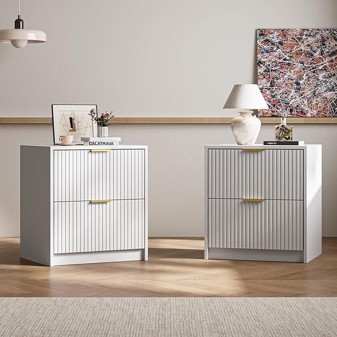 3-Piece Dresser Bedroom Set, 8 Drawer Dresser & 2 Drawer Nightstands with Gold Handles, Fluted Wood Chest of Drawers for Bedroom, Living Room, Entryway, White