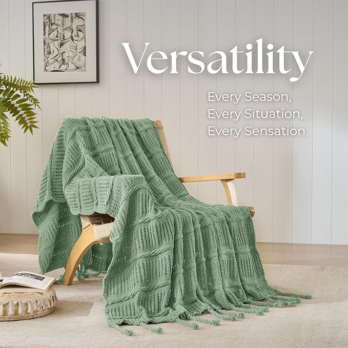 Boho Knitted Chenille Blanket with Tassels - Lightweight & Soft All-Season Throw - 3D Classic Pattern for Living Room Bedroom Couch, Sage Green, Twin 60"x80"