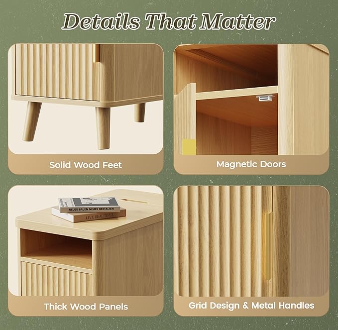 Huuger Narrow Nightstand with Charging Station, USB-C Port, Set of 2 Night Stand, Fluted End Table with Storage Cabinet, Back Rack, Side Table for Small Spaces, 13.4×23.6 Inch, Natural