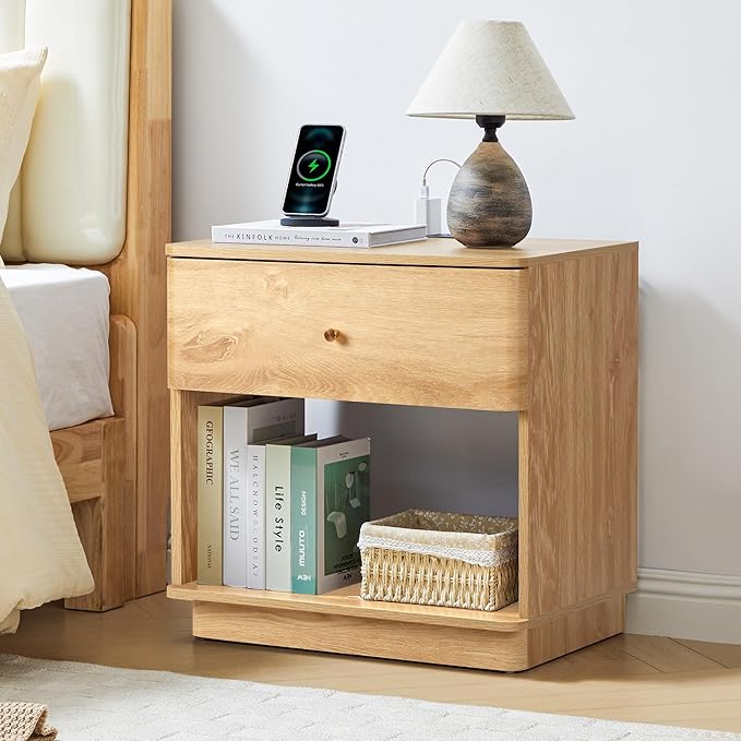 Narrow Nightstand Set of 2, Wooden Small 2 Drawer Nightstand, Slim Side End Table, Skinny Bedside Table, Mid Century Modern Night Stand with Drawers, for Living Room (Natural-Charging Station-1 pc)