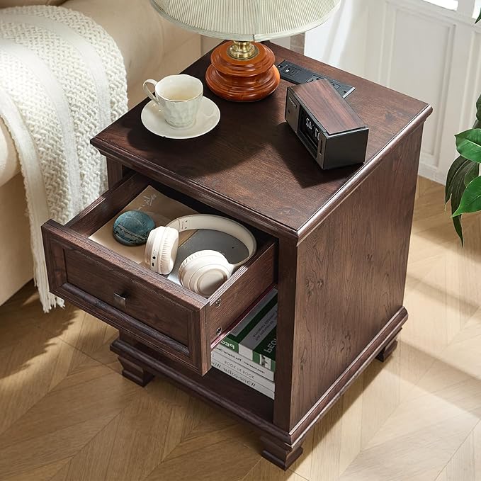 SAVOR LIFE Farmhouse End Tables Living Room Set of 2, Rustic Wood Nightstand with 1 Drawer, Brown Bedside Table with Open Shelf for Bed Room, Side Tables for Living Room, Walnut