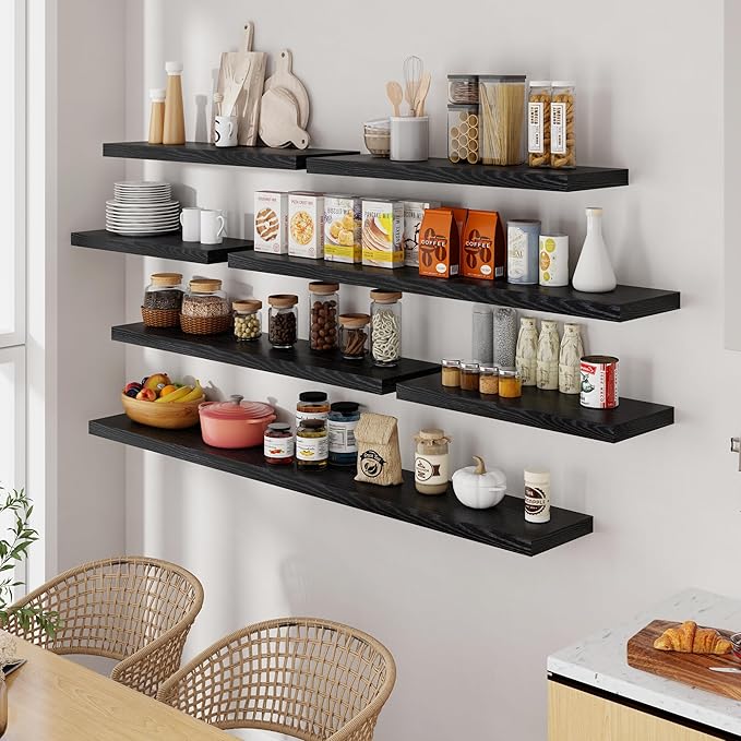Fun Memories 55 Inch Floating Shelves for Wall Set of 2, 55x9.3 Large Floating Shelf for Bedroom, Kitchen, Bathroom, Wall Mounted Rustic Wood Shelves with Invisible Bracket for Books, Decor, Black