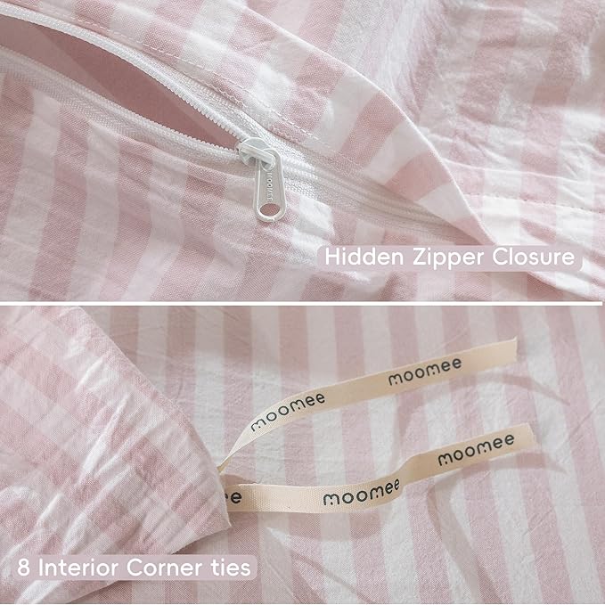 MooMee Striped Duvet Cover Set 100% Washed Cotton Linen Like Textured Breathable Durable Soft Comfy (Heathered Greyish Pink Classic Stripes, Queen 90"x90")