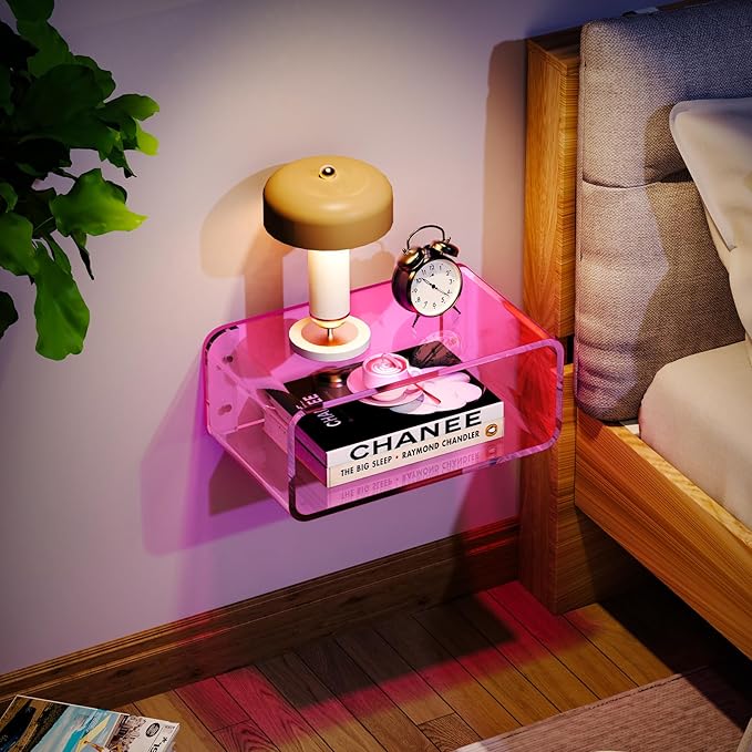 Acrylic Floating Nightstand, Bedside Table, Nightstand Shelf Wall Mounted Bedside Shelf (Pink, Small)
