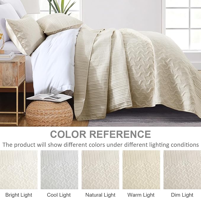Yiran Beige Quilt Set King Size Lightweight Bedspread Ultrasonic Wave Pattern Soft Microfiber Coverlet for All Season Modern Style 3 Piece Bed Cover Sets with 2 Pillow Shams (106"x96")