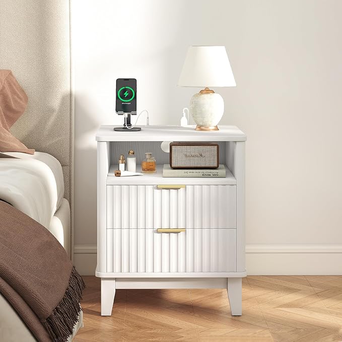 Night Stand Set of 2 with Charger Station, Fluted Nightstand with Drawers and Storage Shelf, Mid Century Modern Bedside Table Nightstands, Large Bed Side Table Wood Night Stands for Bedroom