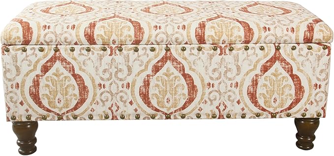 HomePop Large Storage Bench with Nailhead Trim -Orange and Cream Medallion