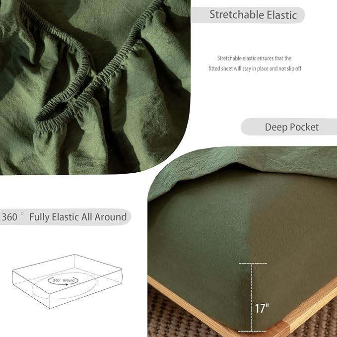 MooMee Fitted Bottom Sheet Only 100% Washed Cotton Linen Like Textured Breathable Durable Soft Comfy Deep Pocket Fits Mattress up to 17" (Olive Green, King)