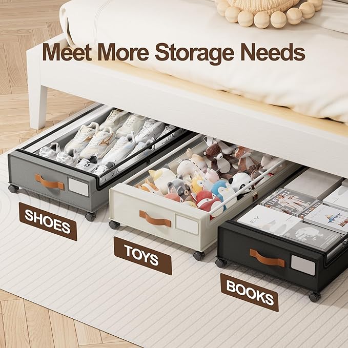 LAMU Under Bed Storage with Wheels, 2 Pack Under Bed Storage Containers with Clear Lid, XXL 60L Underbed Storage Bins, Rolling Under Bed Metal Drawers for Clothes, Blankets, Shoes, Grey