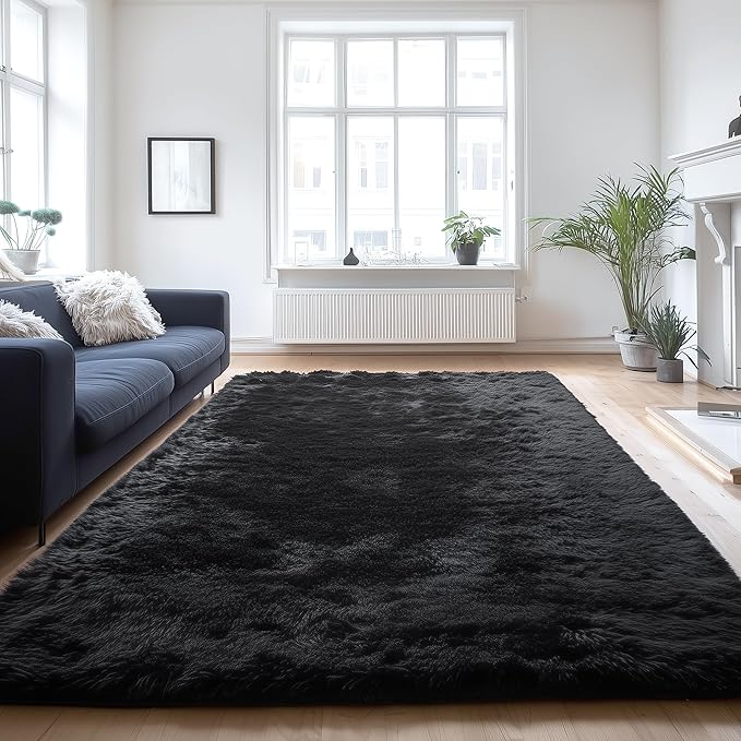 PAGISOFE Fluffy Shaggy Black Area Rug 8x10 Feet, Plush Rugs for Living Room Bedroom, Soft Rug for Nursery, Furry Rugs for Girls Boys Kids Room, Extra Large Fuzzy Rug, Shag Carpet, Black