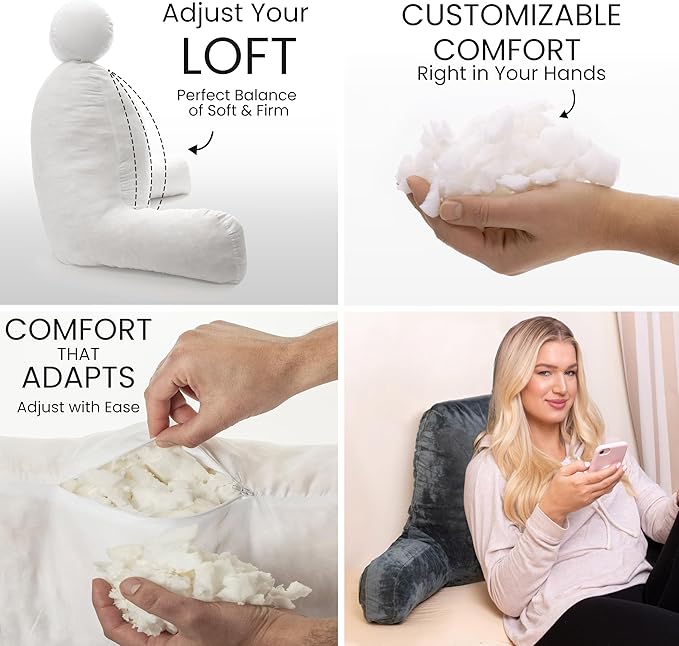 Husband Pillow Dark Green, Original Reading Pillow in Bed Rest Chair, Shredded Memory Foam Large Lounge Cushion Adult Backrest with Arms, Comfy Back Support for Sit Sitting Up, Wash/Removable Cover