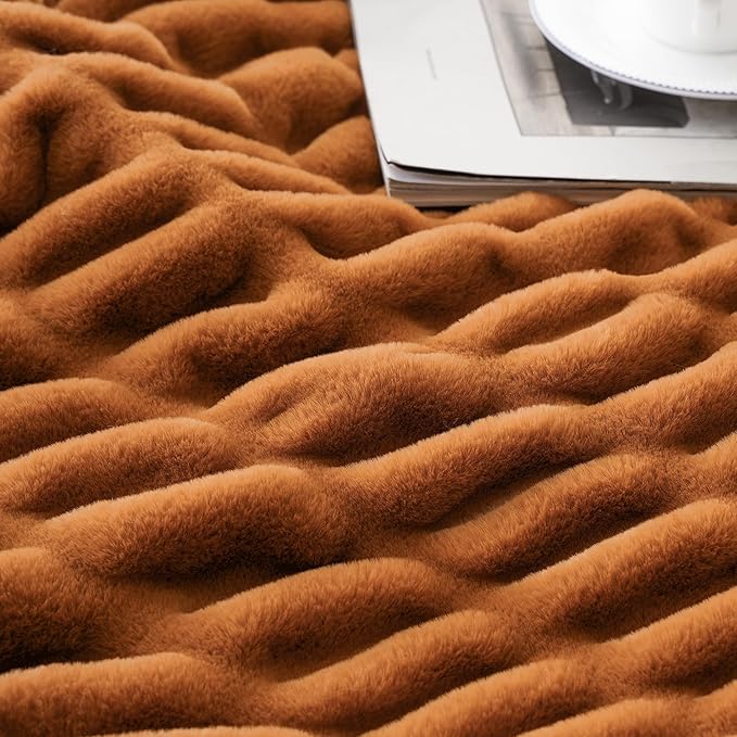 BATTILO HOME Burnt Orange Faux Fur Throw Blanket for Couch, Double Side Ruched Reversible Rabbit Fur Blanket for Bed, Sofa, Cozy Soft Mink Blanket, Fall Throw Blanket Fall Decor, 50x60 Inches