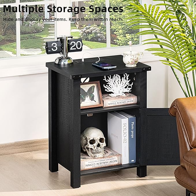 Joaxswe Night Stand Set of 2, 18 Inch Farmhouse Nightstand with with Charging Station and USB Port, Rustic Couch End Table with Magnetic Door, Wood Bed Side Tables for Bedroom, Home, Black