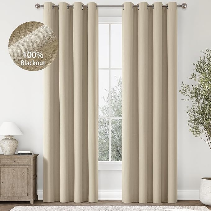 ChrisDowa 100% Blackout Linen Curtains, 2 Panels Set Thermal Insulated Room Darkening Curtains for Living Room, Privacy Grommet Window Drapes for Bedroom (Greyish Beige, 52 x 96 Inch)