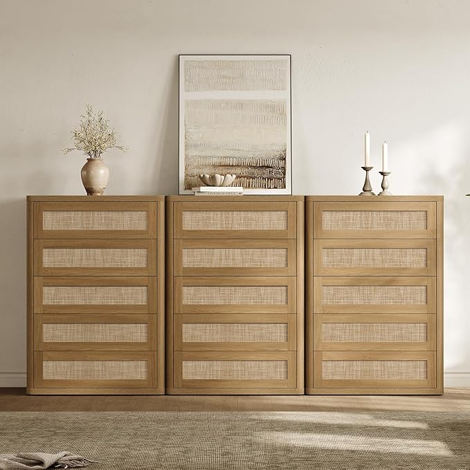 SICOTAS Tall Dresser for Bedroom - Rattan 5 Drawer Dressers Chest of Drawers with Push-to-Open Design, Modern Extra Deep Clothes Dresser with Large Storage for Closet, Living Room, Amber Oak, 3PCS