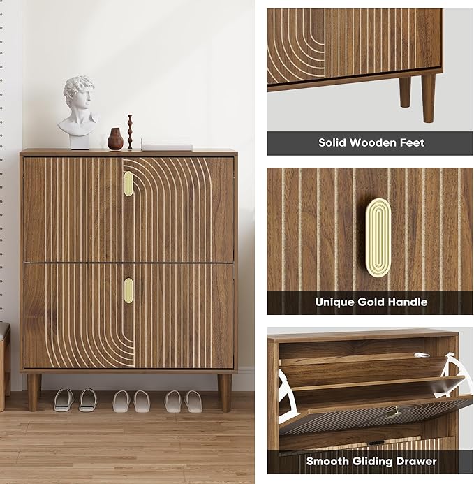 Smuxee Shoe Cabinet with 2 Flip Drawers, 31.5" Walnut Hidden Shoe Storage Cabinet with Line Groove Design, Freestanding Shoe Organizer Cabinet for Hallway, Entryway, Living Room