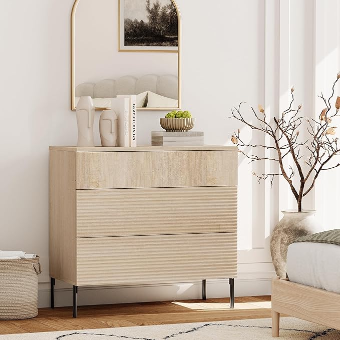 WAMPAT 31.5" W Fluted Dresser for Bedroom, Modern 3 Drawer Dresser TV Stand with Hidden Handles, Wooden Wide Chest of Drawers Closet Clothes Storage Organizer for Bedroom, Living Room, Beige