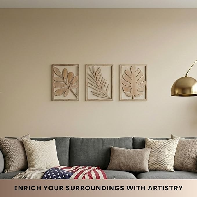 qmmp Modern Wooden Wall Sculptures - Set of 3 - Home Decor Accent - Large Wall Art for Living Room, Bedroom, Office - Easy Installation (Oak, Large - Tree Leaves)
