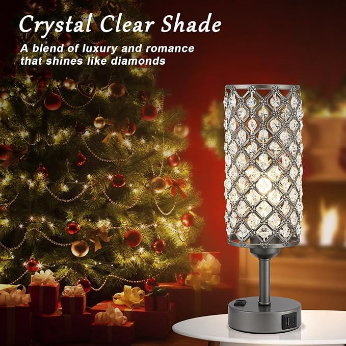 Hong-in Gray Crystal Lamp Touch Control Set of 2, Crystal Table Lamps with USB C+A Ports & AC Outlet, 3-Way Dimmable Nightstand Touch Lamp, Modern Bedside Table Lamp for Bedroom(Bulbs Included)