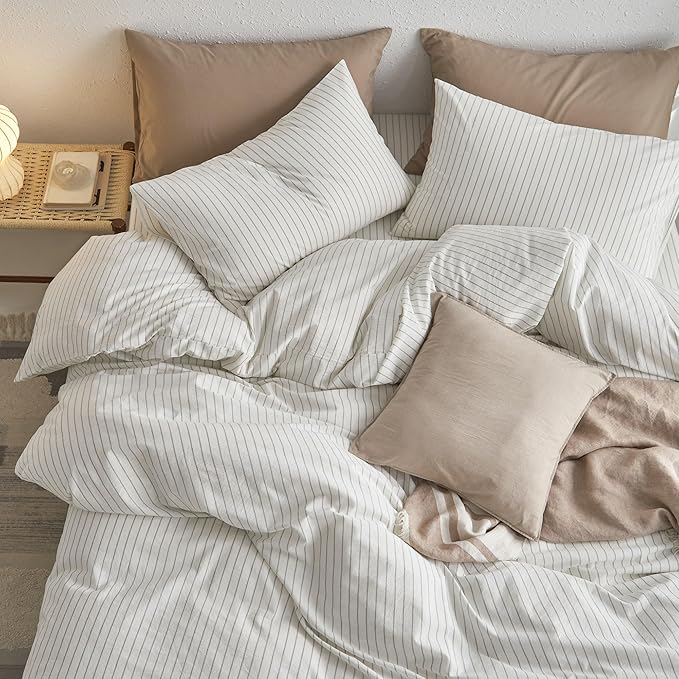 MooMee Striped Duvet Cover Set 100% Washed Cotton Linen Like Textured Breathable Durable Soft Comfy (White Sage Green Wide Stripes, Full 80"x90")