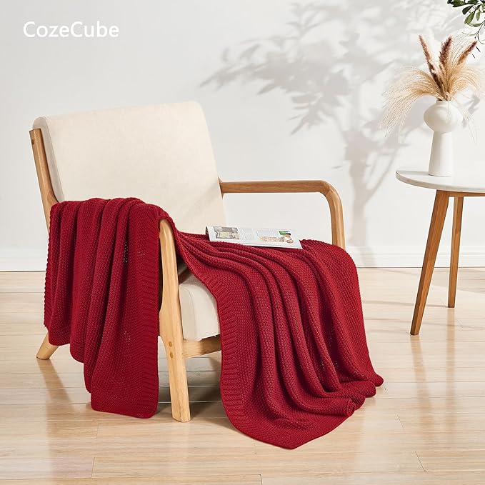 CozeCube Christmas Red Throw Blanket for Couch, Soft Cozy Cable Knit Throw for Bed Sofa Living Room, Lightweight Warm Decorative Farmhouse Christmas Blanket, 50"x60", Red