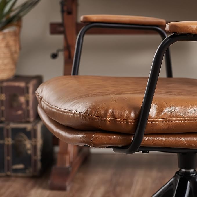 Art Leon Desk Chair No Wheels, Set of 2, Mid Century Modern Swivel Chair with Oak Wood Legs, Faux Leather Home Office Desk Chairs for Bedroom Living Room, Yellow Brown