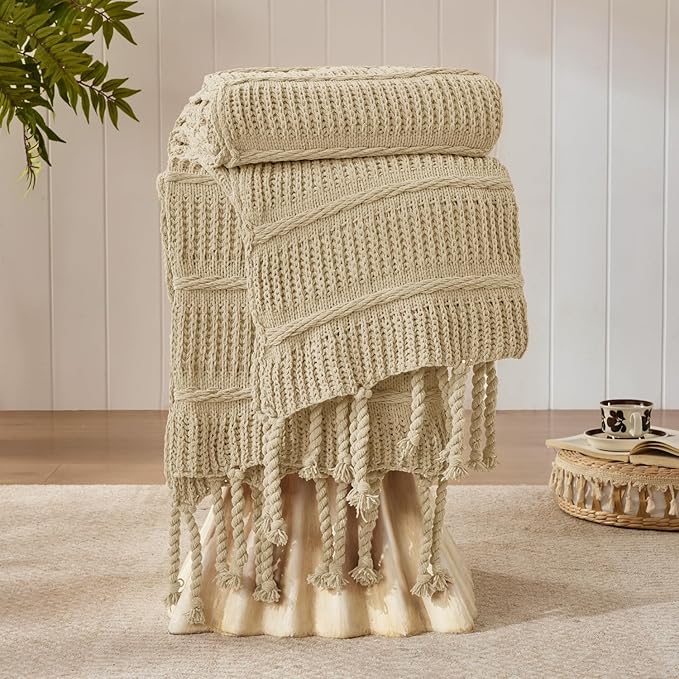 Boho Knitted Chenille Blanket with Tassels - Lightweight & Soft All-Season Throw - 3D Classic Pattern for Living Room Bedroom Couch, Sandy Beige, Twin 60"x80"