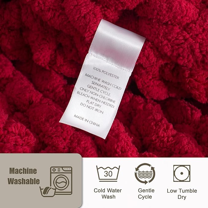 Chunky Knit Throw Blanket 50"X 60", 100% Handmade with Soft Chenille Yarn, 4.4lbs Thick Cable Knitted Blankets, Large Rope Knot Crochet Throws for Couch Sofa Bed Home Decor, Red