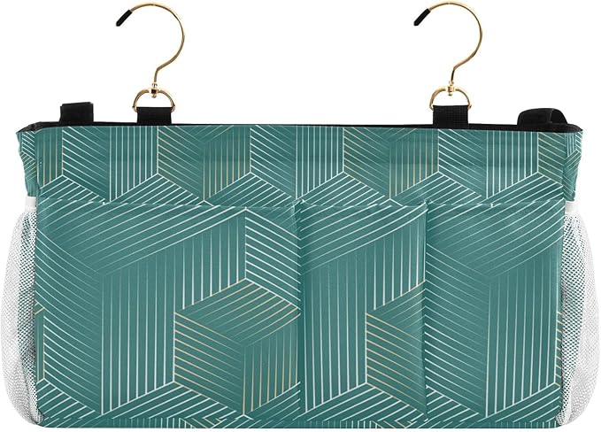 Bedside Caddy Hanging Bunk Bed Caddy Bed Organizer Hanging Pocket with 2 Hooks Bedside Storage Organizer Pocket Bag Holder Geometric Green
