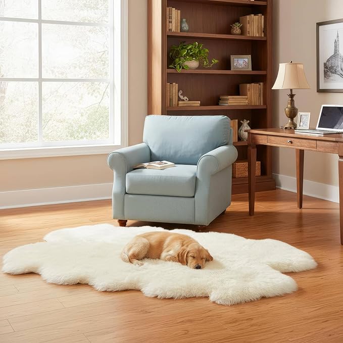 Premium Fluffy Sheepskin Rug - Four Pelt Fur Rugs for Living Room, Bedroom or Fireplace - Natural Sheep Skin, Shaggy - Irregular Shaped Genuine Fuzzy Feel - 4ft x 6ft