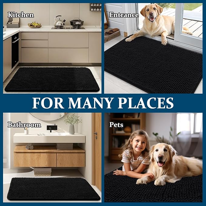OLANLY Dog Door Mat for Muddy Paws 44x32, Absorbs Moisture and Dirt, Absorbent Non-Slip Washable Doormat, Quick Dry Chenille Mud Mat for Dogs, Entry Indoor Entryway Carpet for Inside Floor, Black
