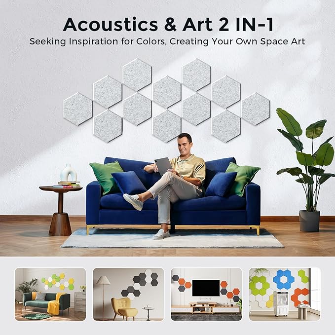 Pro-Level Self Adhesive Acoustic Panels,2nd Generation Sound Absorbing Panel,Soundproof Wall Panels,Sound Dampening Panels,Polyester Foam Reducing Noise and Echoes,Silver Grey (HEXAGON 03)