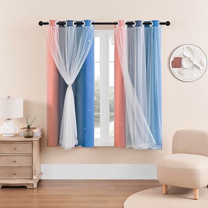 XiDi Curtains for Bedroom Decor, Rainbow PinkGreyBlue-34-45