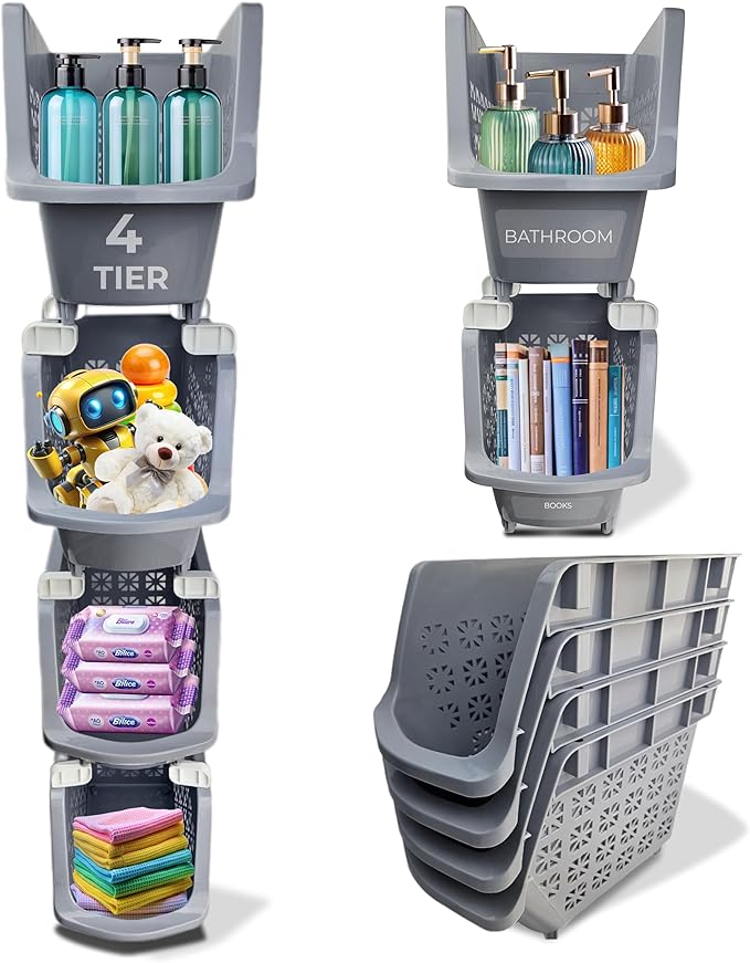 TidyFriend 4 Tier Stackable Storage Bins for Pantry with Wheels, Stackable Bins for Organizing Food, Kitchen, and Bathroom Essentials (Grey)
