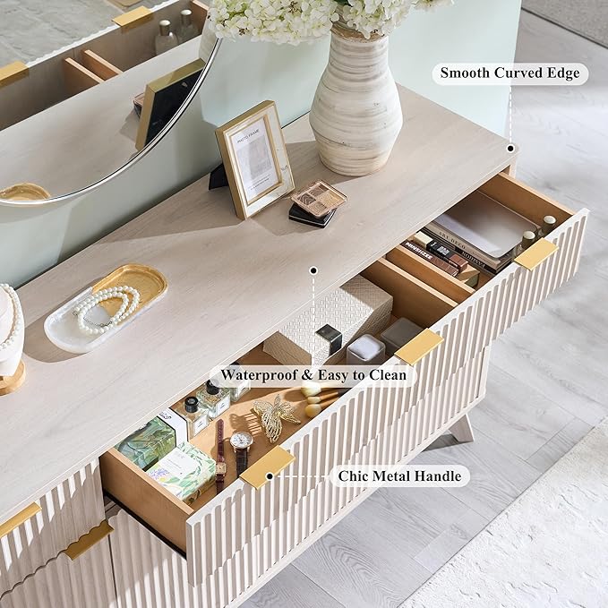 OKD Fluted Storage Cabinet with Drawers, 60" Morden Buffet Sideboard Coffee Bar Cabinet with 4 Doors and 3 Drawers for Dining Room, Living Room,Hallway (White Alder)