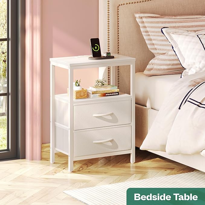 Huuger Nightstands Set of 2, End Tables with Charging Station, Side Tables with Fabric Drawers, Bedside Tables with USB Ports and Outlets, Night Stands, PU Leather, White