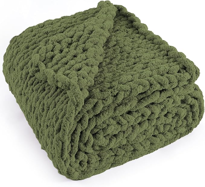 Chunky Knit Throw Blanket 50"X 60", 100% Handmade with Soft Chenille Yarn, 4.4lbs Thick Cable Knitted Blankets, Large Rope Knot Crochet Throws for Couch Sofa Bed Home Decor, Olive Green