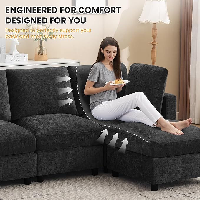 116'' 4-Seater Modular Sectional Cloud Sofa with Ottoman, Convertible L-Shaped Couch for Living Room, Modern Deep Seat Modular Sofa, Chenille Dark Grey