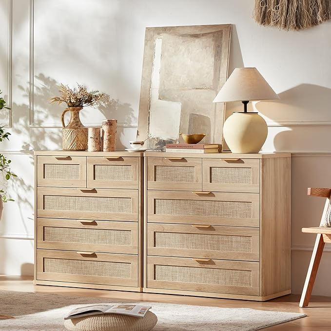 LEYAOYAO Rattan Dresser for Bedroom Set of 2, 33.5" Tall Chest of Drawers, Modern 5 Drawers Boho Dressers with Storage, Light Oak Dresser Wooden Closet Organizer for Living Room, Hallway, Natural Wood