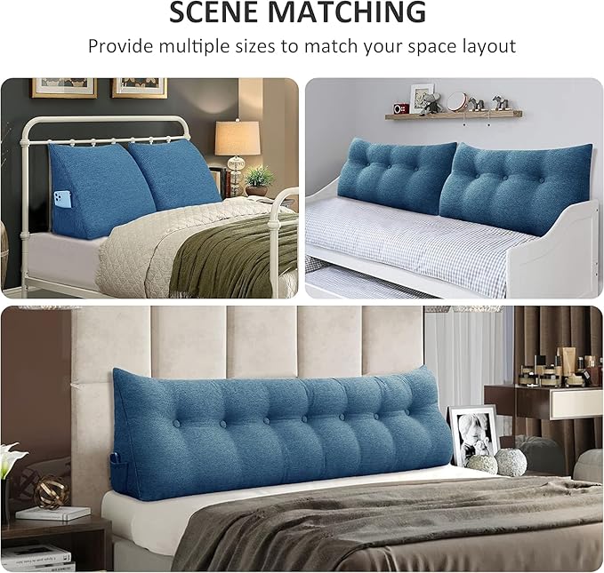 homecozy Wedge Headboard Pillow Dorm Room Reading Pillow Back Support for Sitting Up in Bed Bolster Lumbar Cushion Body Positioning Bedrest Cotton Linen 39in Blue Twin