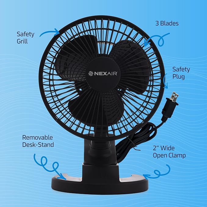 NEXAIR 6-Inch Portable Desk or Clip-on Fan with Two Quiet Speeds - Small Personal Cooling Fan for Desk, Home, Bedroom and Office, 180° Adjustable Tilt up- down 360° Rotation, Strong wide Clamp Grip