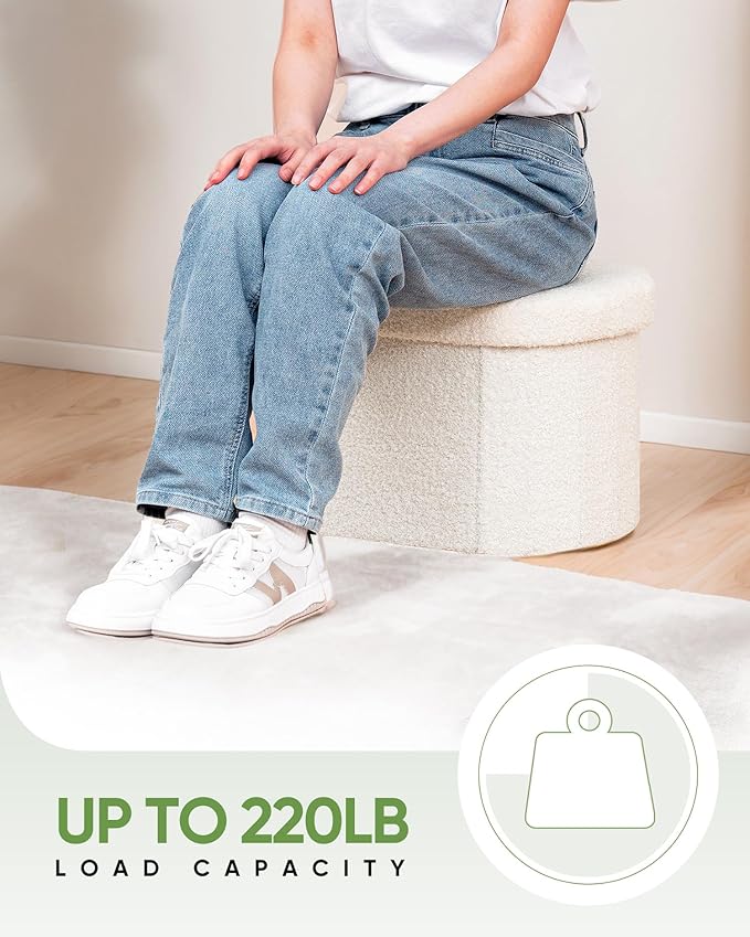 B FSOBEIIALEO Storage Ottoman for Dorm Room, Boucle Folding Storage Ottoman Foot Rest, 16.14 Inches Small Collapsible Ottoman Cube for Living Room White