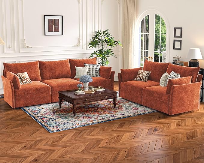 ABCASA 102.6" Modular Sectional Sofa, Oversized 3-Seater Terracotta Orange Couch with Removable Chenille Fabric Cover, Deep Seat & High Backrest for Living Room, Office & Apartment