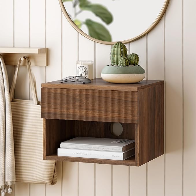 Floating Nightstands Set of 2 with Drawer and Open Shelf, Small Wall Mounted Bedside End Table, Modern Fluted Night Stand for Bedroom, Living Room, Brown