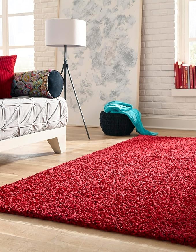 Unique Loom Solid Shag Collection Area Rug (9' x 12' 2" Rectangle Cherry Red)