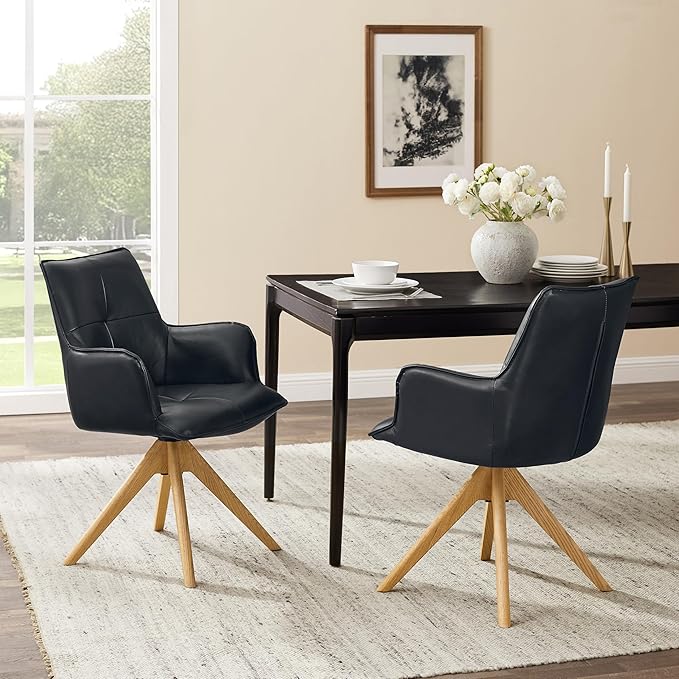 Art Leon Desk Chair Without Wheels - Mid Century Modern Swivel Office Chair, Genuine Leather Upholstered Accent Chair with Oak Wood Legs for Small Space Living Room Bedroom, Set of 2, Black Blue