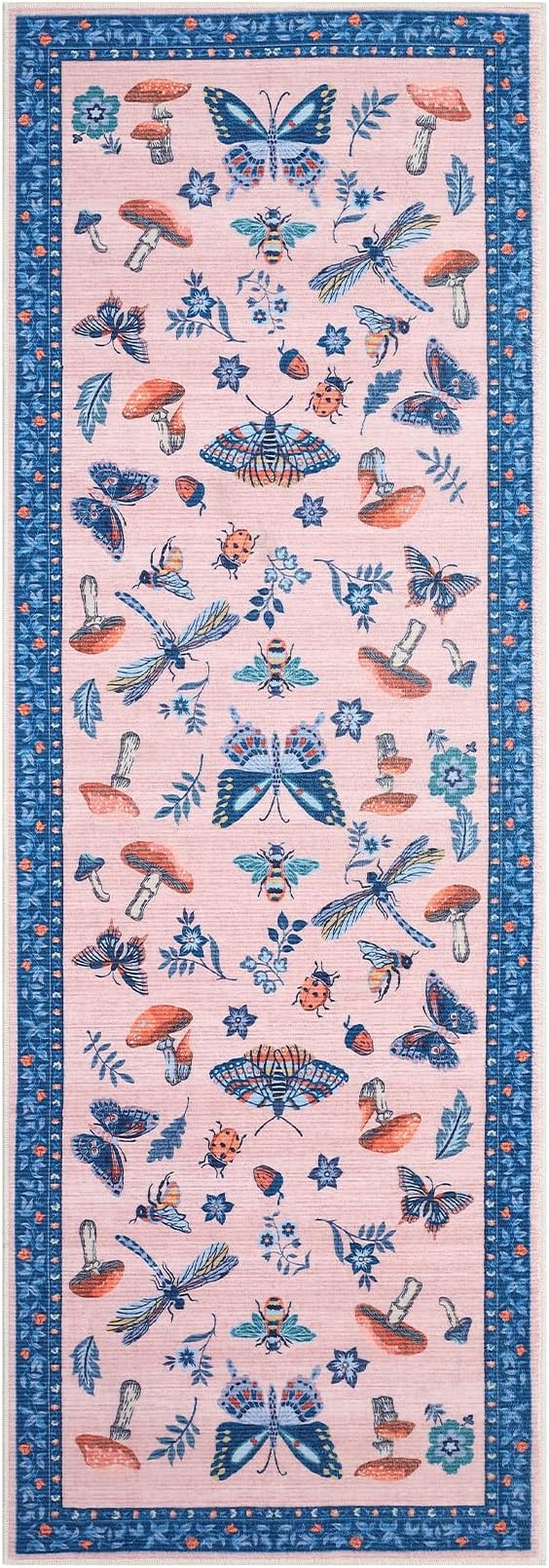 Mushroom Insect 2x6 Runner Rug for Hallway Washable Kitchen Rugs Non Slip with Rubber Back Blue Pink Low-Pile Stain Resistant Indoor Carpet for Entryway Bathroom Laundry Dorm