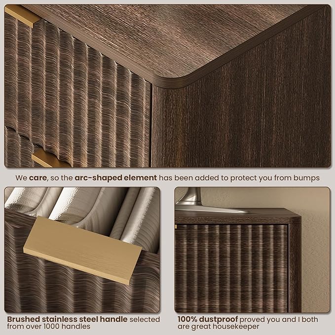54'' Wide 7 Drawers Dresser for Bedroom,Modern Fluted Vertical Chest with Rounded Corners,Fluted Dresser for Living Room,Hallway, Walnut