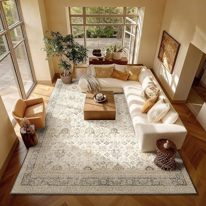 Washable 8x10 Area Rugs for Living Room, Boho Non-Slip Vintage Distress Large Rugs for Bedroom Dining Room Nursery Office, 0.3" Neutral Oriental Throw Thin Carpet, Grey/Beige/Orange/Multi